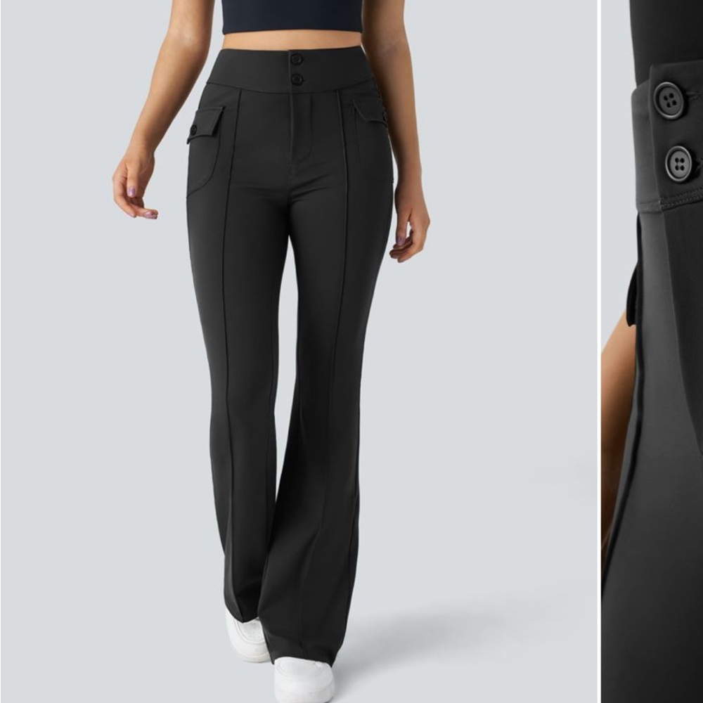 HALARA High Waisted Button Side Flap Pocket Flare Casual Cargo Pants